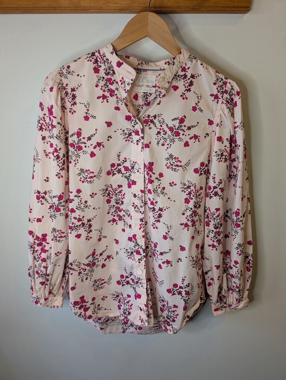 J.Crew Collarless Puff Sleeve Shirt Budding Floral Blush Pink Size 8
